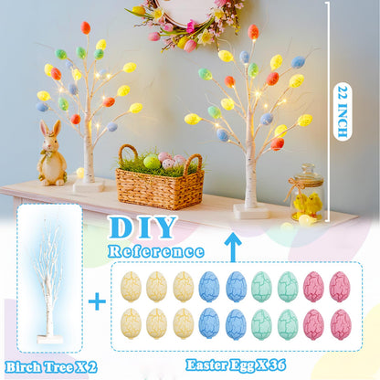 Vanthylit Easter Decorations, 2 Pack Lighted Easter Tree Battery Operated with Timer, 22 Inch LED Birch Tree with 36 Egg Ornaments Indoor Tabletop Centerpiece Light for Home Decor