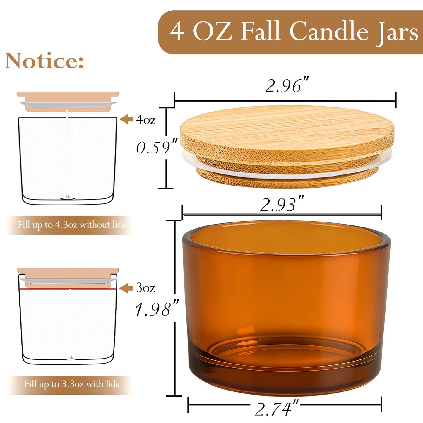 CONNOO 15 Pack 4oz Amber Glass Candle Jars with Bamboo Lids for Making Candles, Bulk Small Wide Mouth Glass Containers with Wick Kit for Candle Making, Ideal for DIY & Candle Business