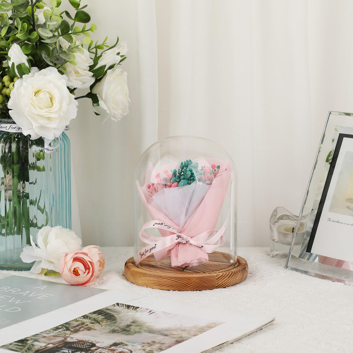 JUXYES Glass Display Dome Cloche with Solid Wood Base, Clear Dome Bell Terrarium Jar Glass Cloche Bell Jar Display for Plants, Collectibles and Figurines