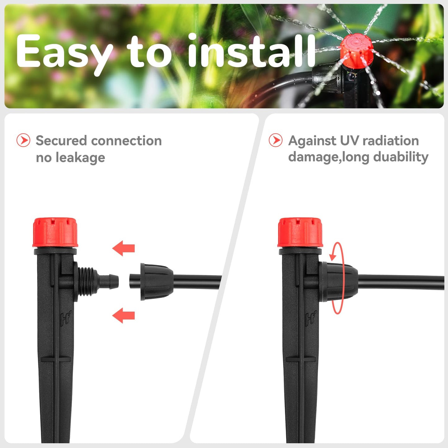 La Farah 50pcs Drip Irrigation Emitters with Stake, Adjustable 360 Degree Water Flow Lock Barbed Dripper for 1/4" Drip Irrigation Tubing，Garden Irrigation Sprayer for (4-7mm) Watering System
