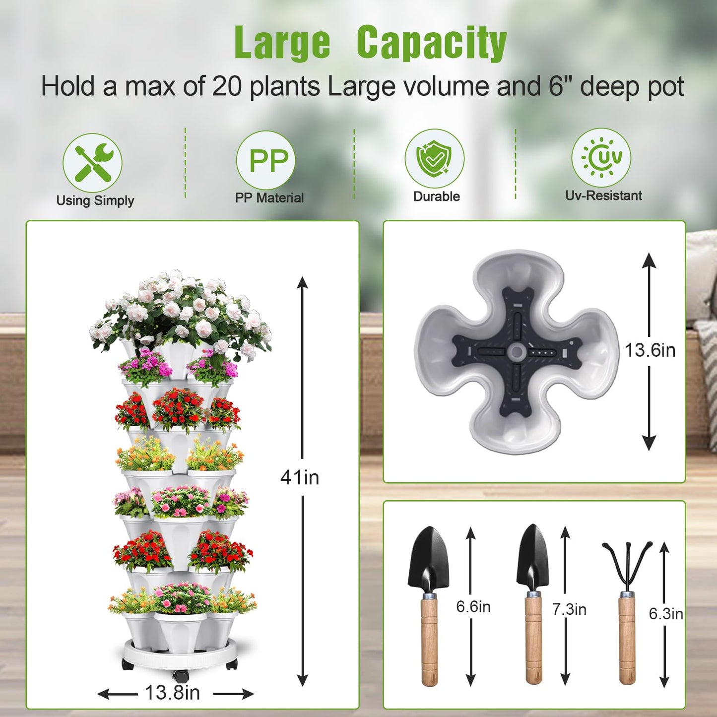 Bociks Vertical Strawberry Planter 7 Tier Stackable Tower Herb Planters-Stacking Garden Outdoor Grey Planter Pot with Tools Mover for Succulents, Vegetables and Flowers