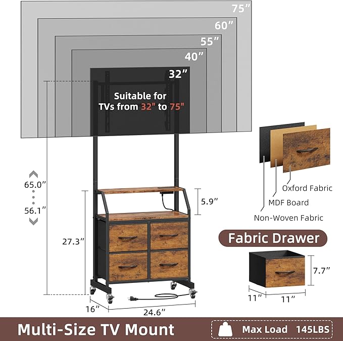 Rolling TV Stand with Mount & 4 Fabric Drawers