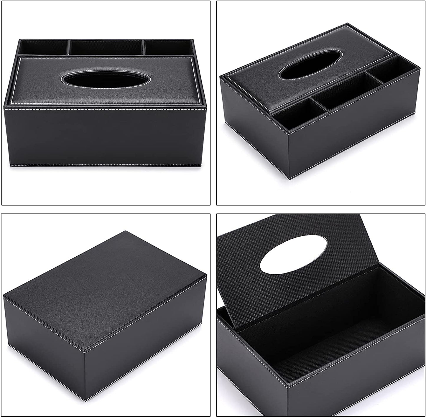 PU Leather Tissue Box Cover - Multifunctional Tissue Box Holder with Stationery Remote Control Box - Elegant and Stylish Home Napkin Holder Desktop Tissue Paper Holder Desk Storage Organizer (Black)