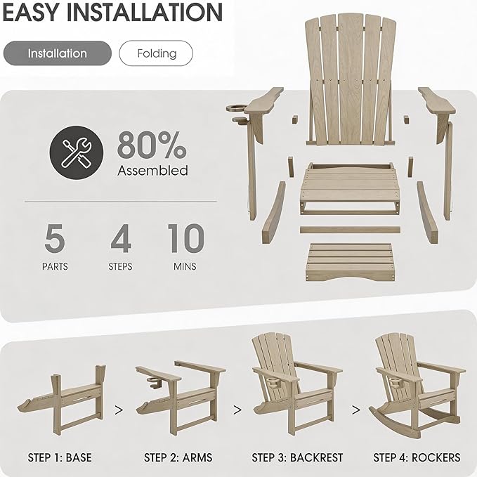 Adirondack Rocking Chair with Retractable Ottoman, Outdoor Folding Adirondack