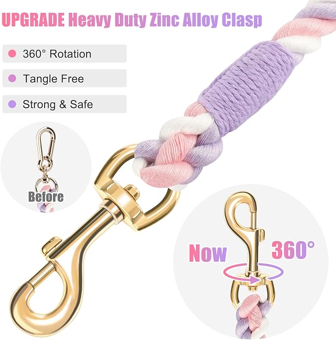 Dog Leash 5 FT Handmade Braided Cotton Rope Leashes for Small Medium and Large Dogs, New Golden Heavy Duty Metal Clasp, Unicorn Purple