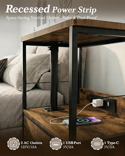 Faesun Swivel Lift Top Nightstand with Charging Station, Rolling Night Stand with Fabric Drawer, Adjustable Bedside Table for Bedroom, Living Room, Brown, Pro