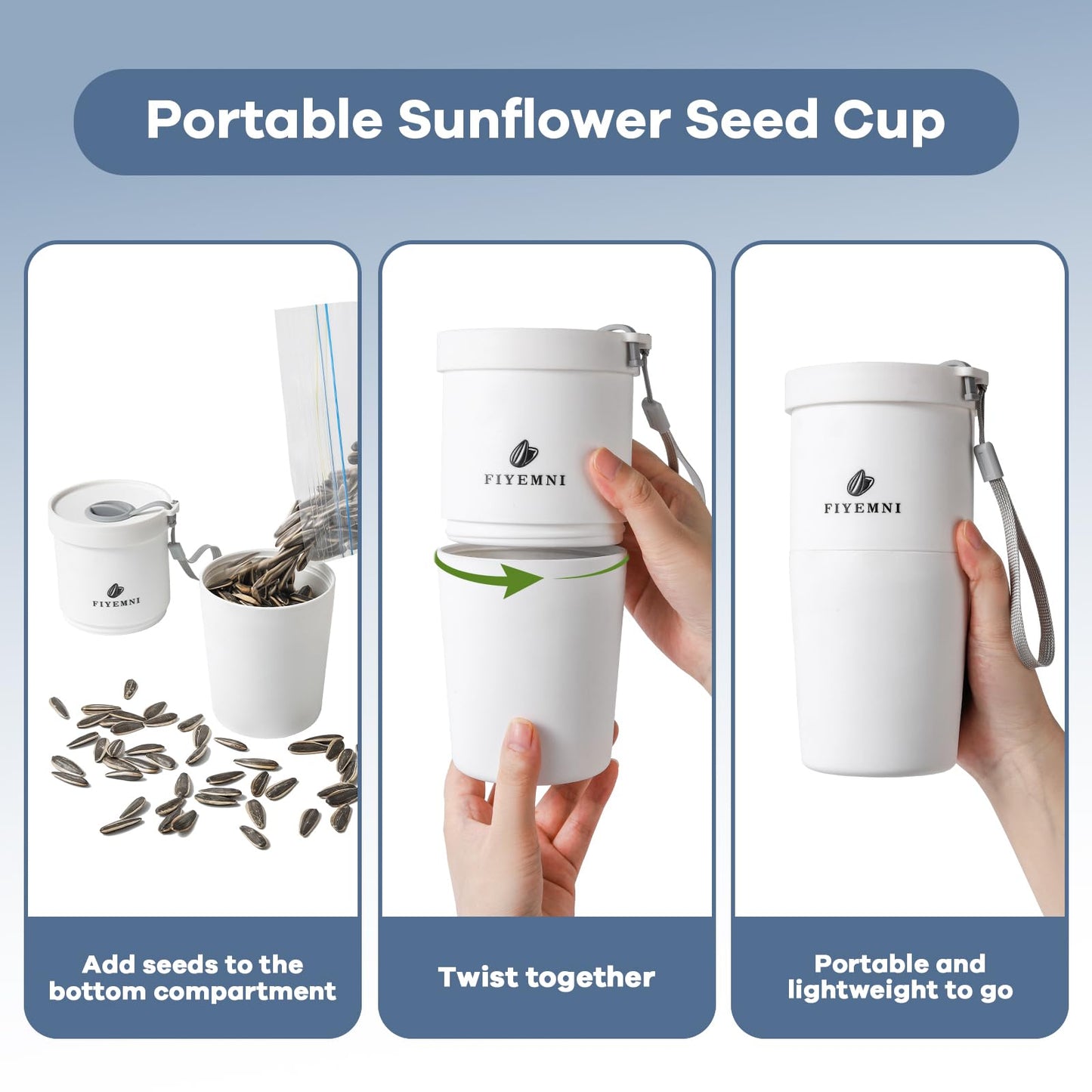 FIYEMNI Portable Sunflower Seed Cup with Seed Organizer and Shell Storage, Seed Snack Spit Cup for Outdoor, in Car, Travel and Sports Games. Works with Pistachios, Gift (white)