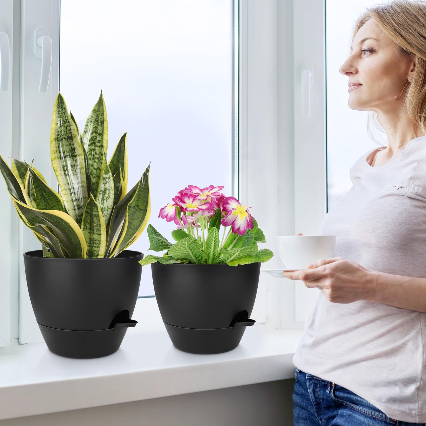 QRRICA Plant Pots 10/9/8/7.5/7 Inch Self Watering Pots, Set of 5 Plastic Planters with Drainage Holes and Saucers,Plastic Flower Pots,Nursery Planting Pot for Indoor Out Door Plants(All Black)