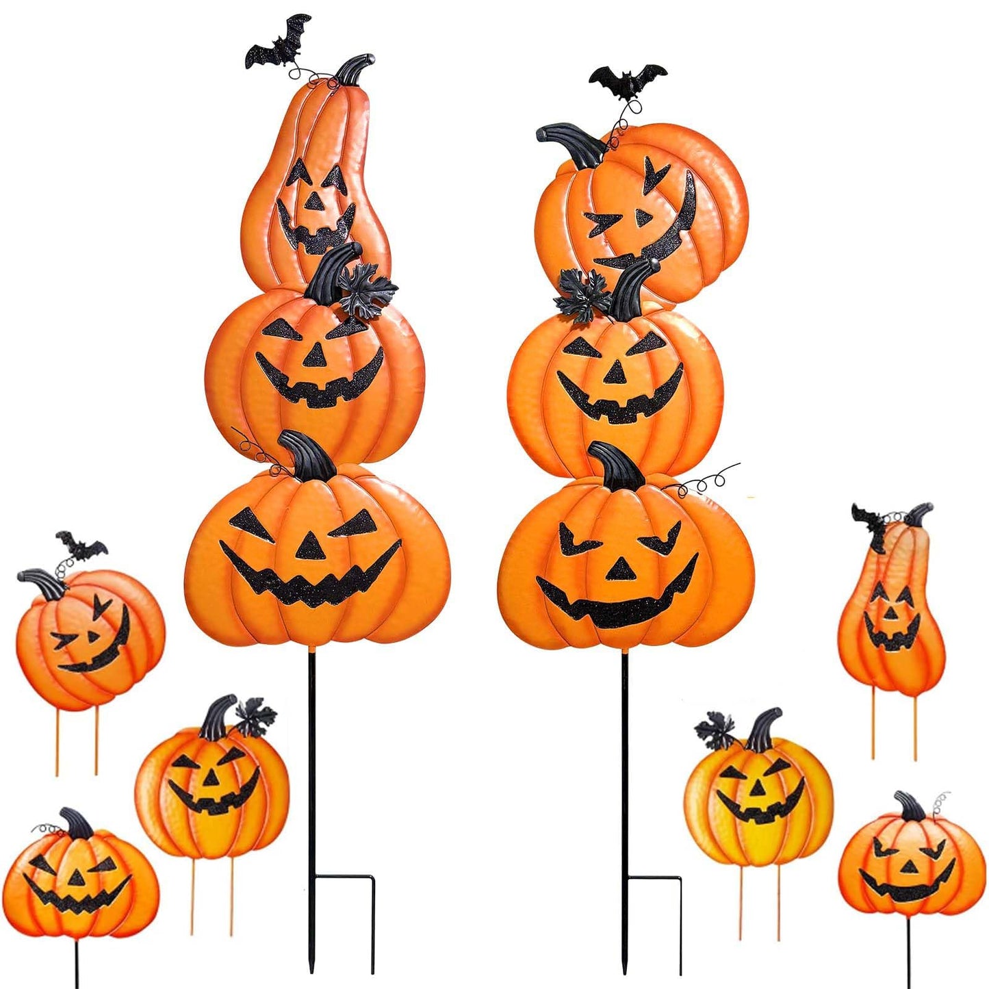 2 Pack Halloween/Thanksgiving Garden Stakes, Outdoor Party Décor Stacked Metal Pumpkins Jack-o-Lantern Lawn Decor, Yard Signs Stake Outdoor Decorative Pumpkin Home Lawn Pathway Driveway Decorations