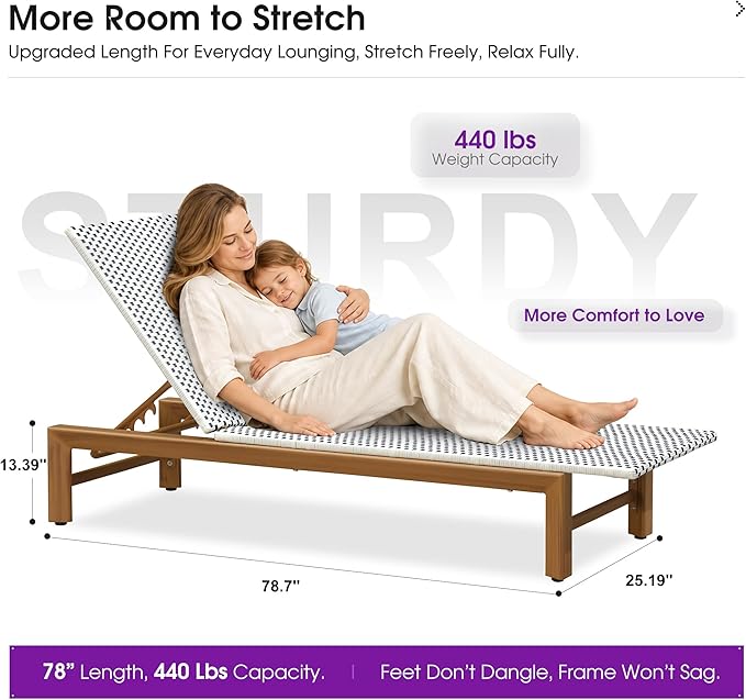 PURPLE LEAF Patio Chaise Lounge French Outdoor Lounger 1 Piece Matte Teak Grain