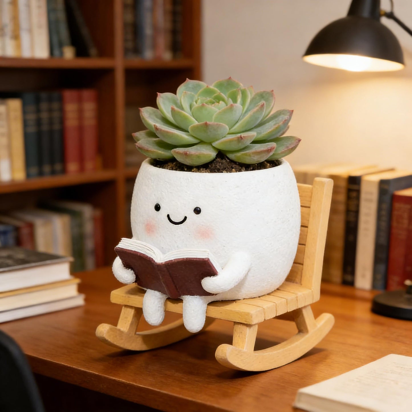 LAUGOKEBE Smily Face Reading Book Planter Pot, Cute Resin Flower Head Planters for Indoor Outdoor, Unique Sit Rocking Chair Succulent Pots with Drainage Hole Gift IdeaI for Christmas
