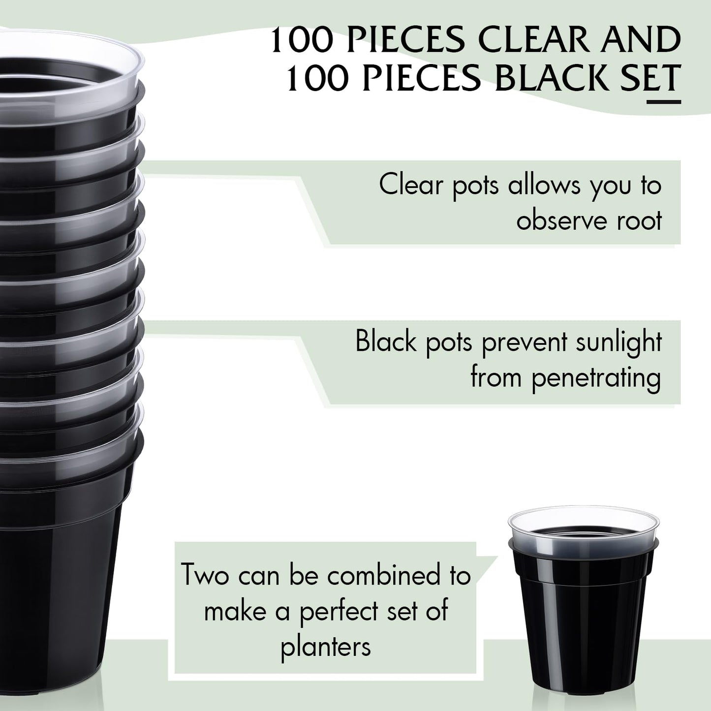 Sliner 200 Pcs 2 Inch Plastic Nursery Pot Mini Seedling Planter Flower Planting Pots Plastic Planters with Drainage Holes for Outdoor Indoor Flower, Starting Seedlings, Black, Clear