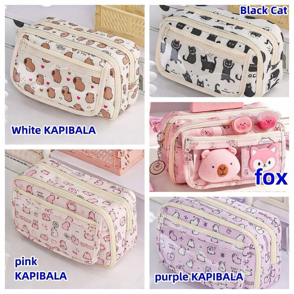 VTYFRY Cute Kawaii Pencil Case Pouch Cartoon Pen Box Holder Organizer for Office Workspace Supplies Desk Accessories Travel Essentials Aesthetic Trendy Cool Stuff Gift Large Capacity (Pink Kapibala)