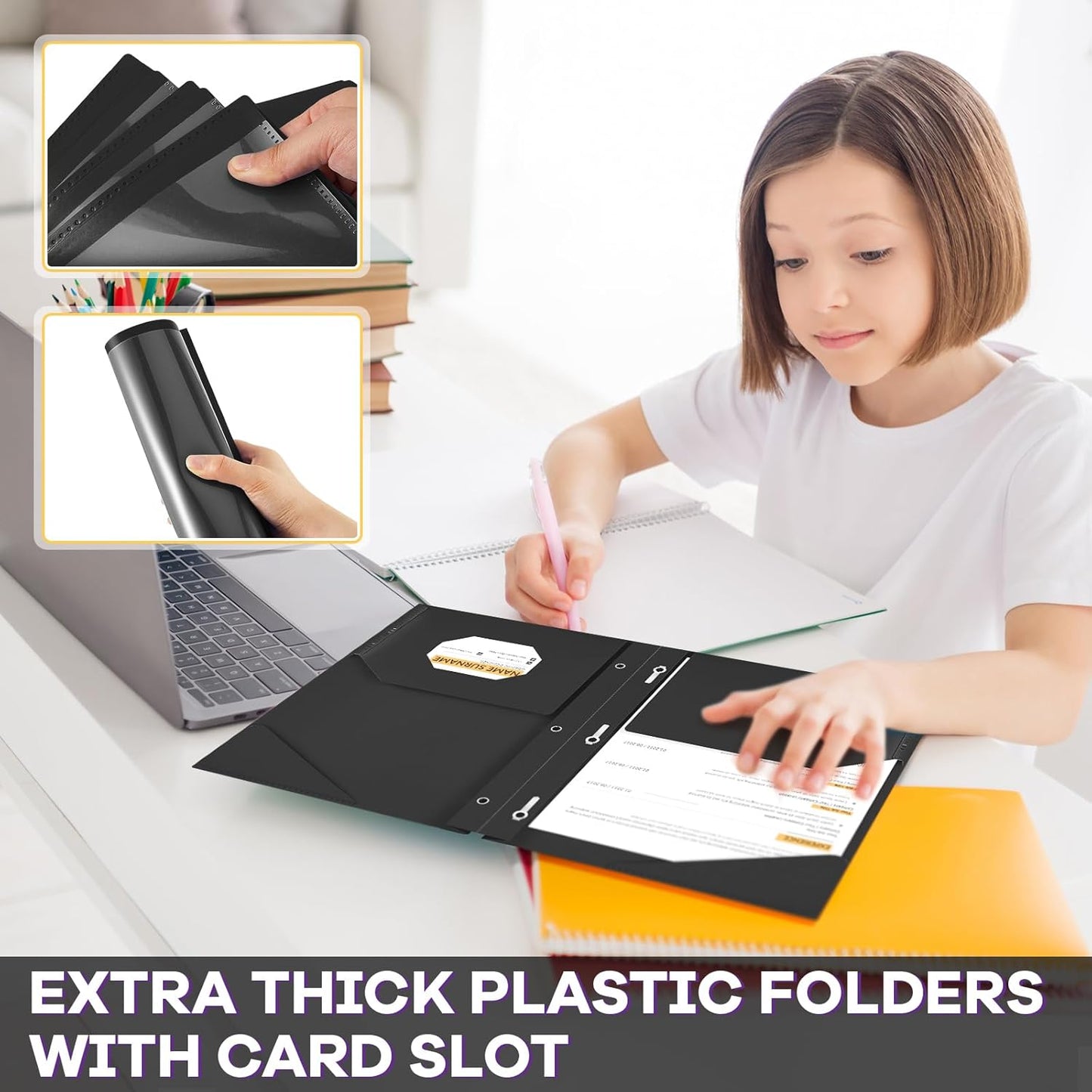 Henoyso 36 Pcs Plastic Folder with Clear Front Pocket and 3 Prong Plastic Folders with Card Slot Pocket Folders with Prongs for School Office (Black)