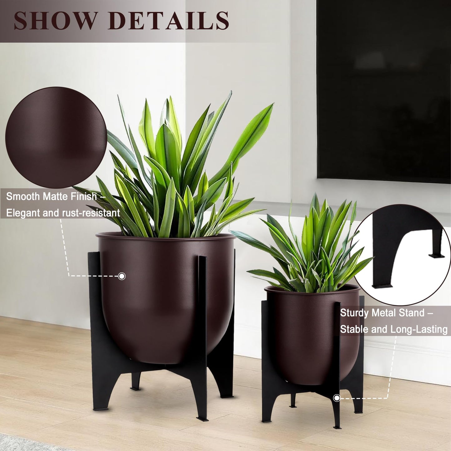TRIROCKS Set of 2 Planters with Stand Indoor Outdoor Metal Plant Stand 16 &8" H Modern Planters Flower Pots for Living Room Corner Kitchen Office Garden Balcony Patio Decor
