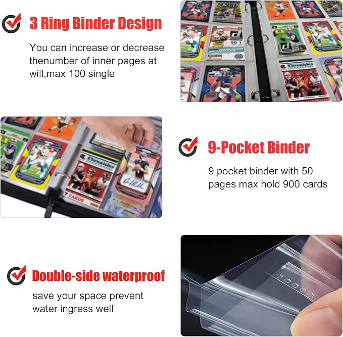 900 Pockets Football Card Binder, Portable Waterproof Storage Card Album with Removable Sleeves for Sports Football Cards 2025 2026 Collectors(laser silver hot stamping)