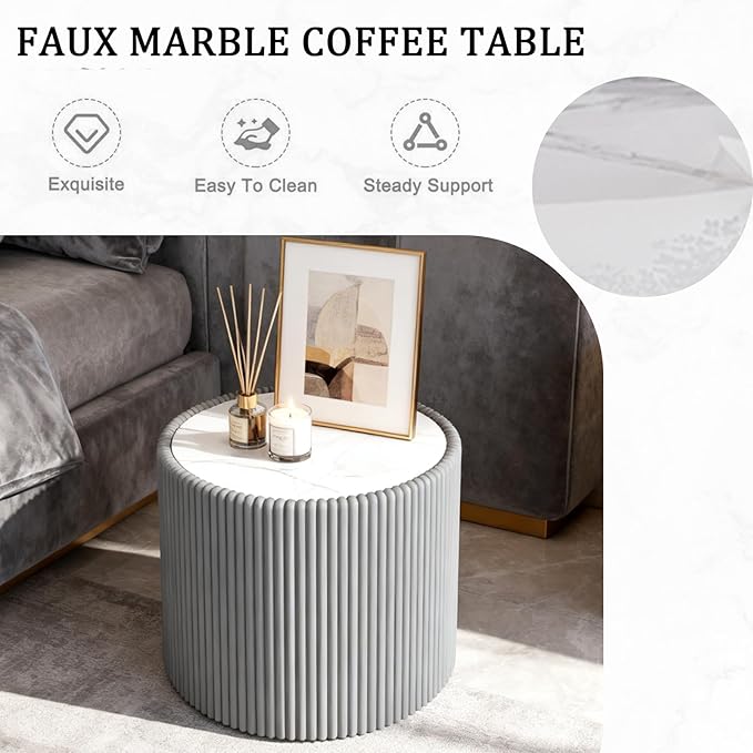 Round Marble Coffee Table Set of 2, 2 Piece White Coffee Table and End Table Set