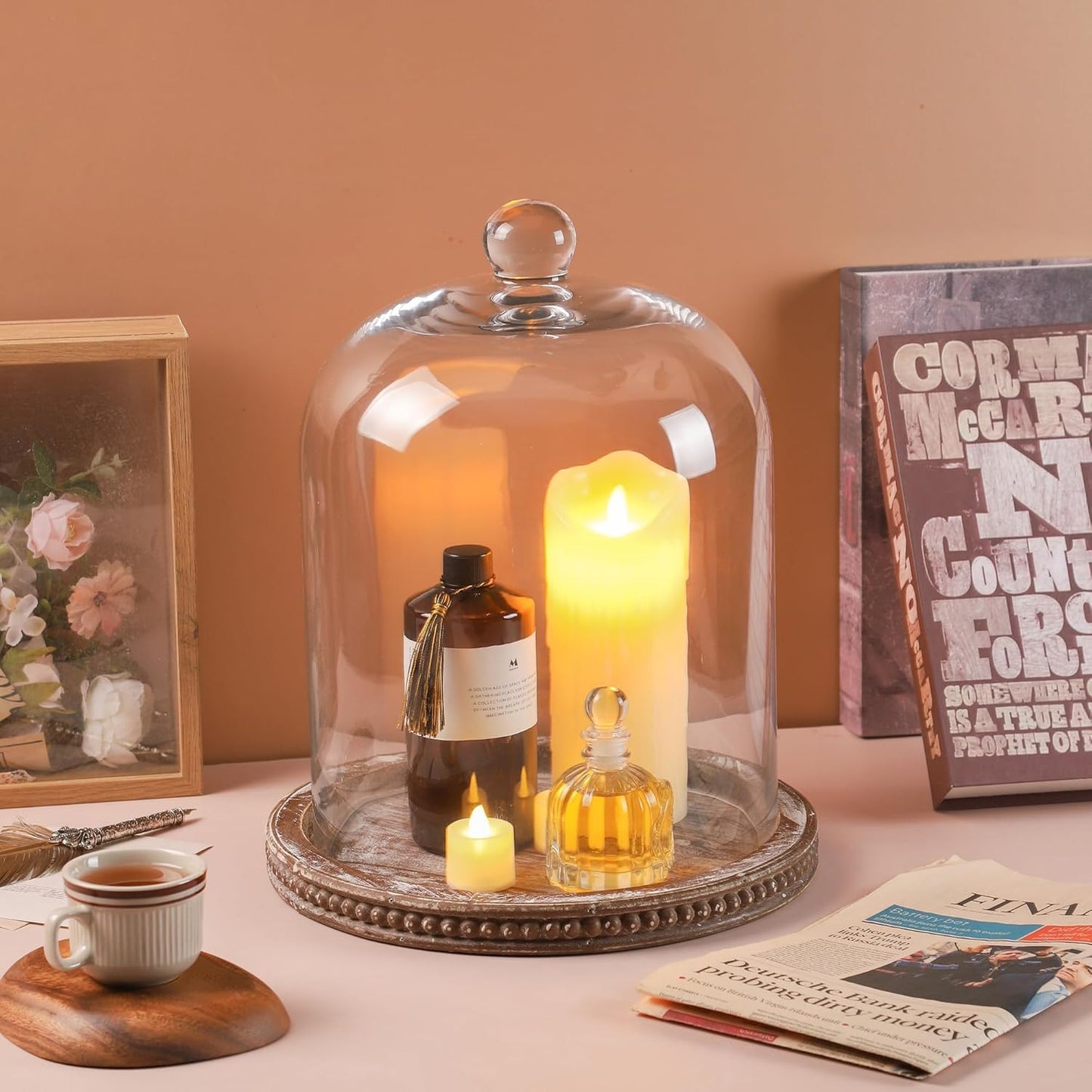 14" Large Handmade Sturdy Glass Cloche With Brown Beaded Wooden Base In Farmhouse & Cottage Style, For Terrarium, Trinkets, Cakes, Figurines (Brown, 10"x14")