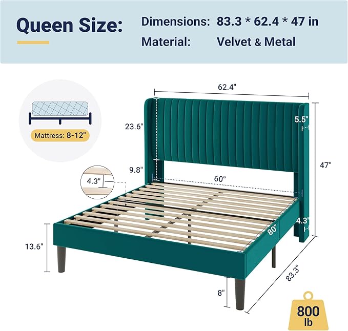 Allewie Queen Size Bed Frame/Velvet Upholstered Platform Bed/Vertical Channel
