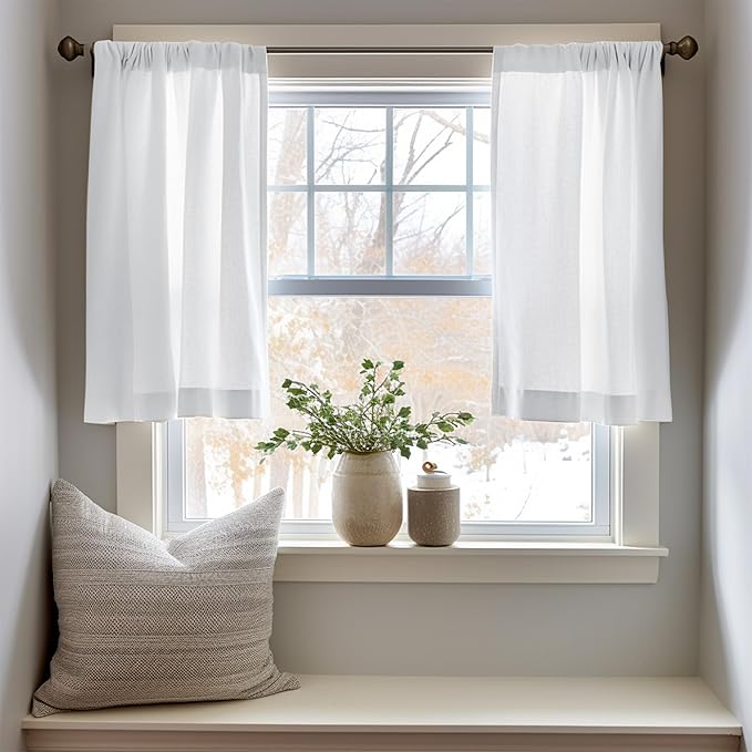 jinchan Linen Textured Tier Curtains 24 Inch for Kitchen Windows Farmhouse Cafe Curtains Small Drapes Rustic Light Filtering Half Window for Living Room Laundry Rod Pocket 2 Panels White