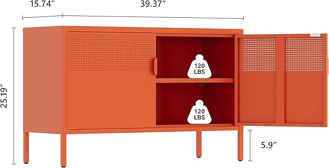 Orange Metal Storage Cabinet, 2 Door TV Stand, Metal Mesh Accent Cabinet
