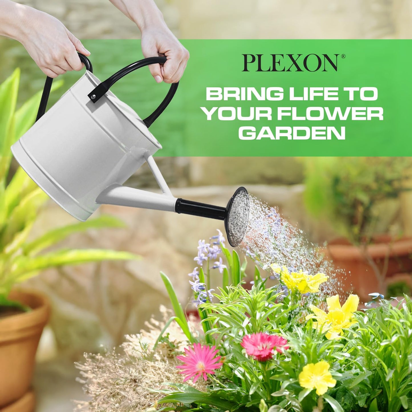 Plexon Metal Watering Can Outdoor 1 Gallon, Flower Plant Gardening Garden Large Watering Can Pot, Black Galvanized Steel Handles and Removable Spray Spout, White