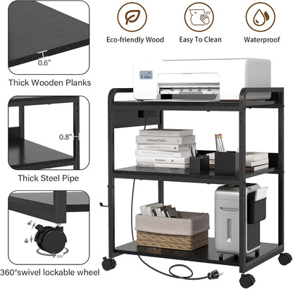 Printer Stands with Charging Station, 25.2 x 18.9 Inch Large Printer Stand with Wheels for Home Office, 3 Tier Printer Table with Power Outlet USB Port, Printer Shredder Stand, Black