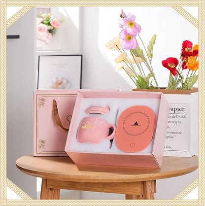 Honeydak Coffee Mug Warmer Cute Cat Mug Set Cup Warmer Christmas Gifts for Women Heated Coffee Warmers for Mom Home Office Desk Valentine's Day Anniversary Birthday Gifts(Sakura,Pink)