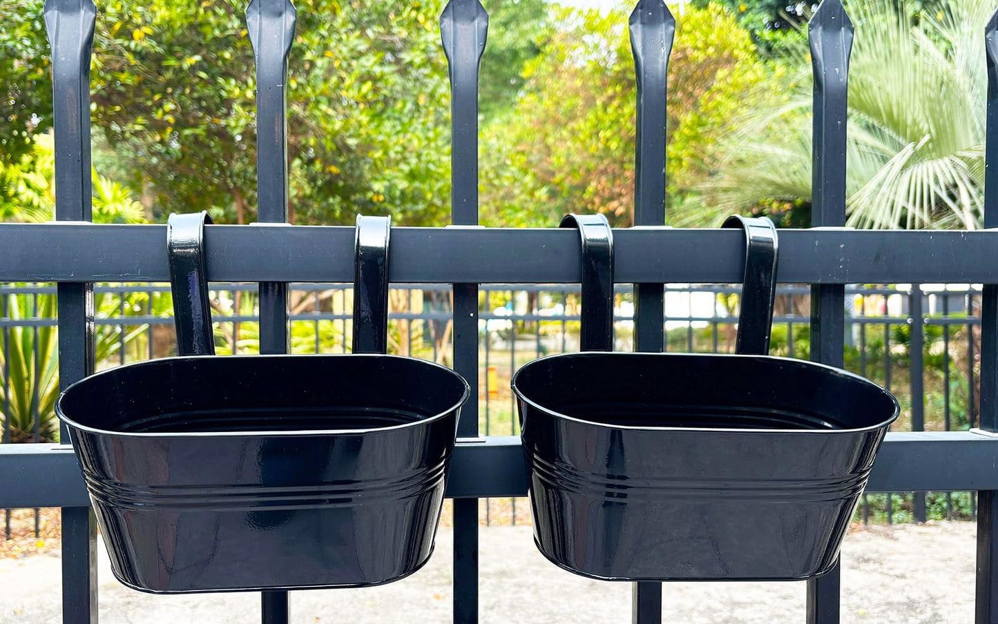 Joyfernal 2 Pack Metal Hanging Planter for Outdoor Plants, 10 Inch Black Fence Planters Railing Pots for Garden Patio Balcony Decor, Flower Bucket with Detachable Hooks (Black, 2Pcs)