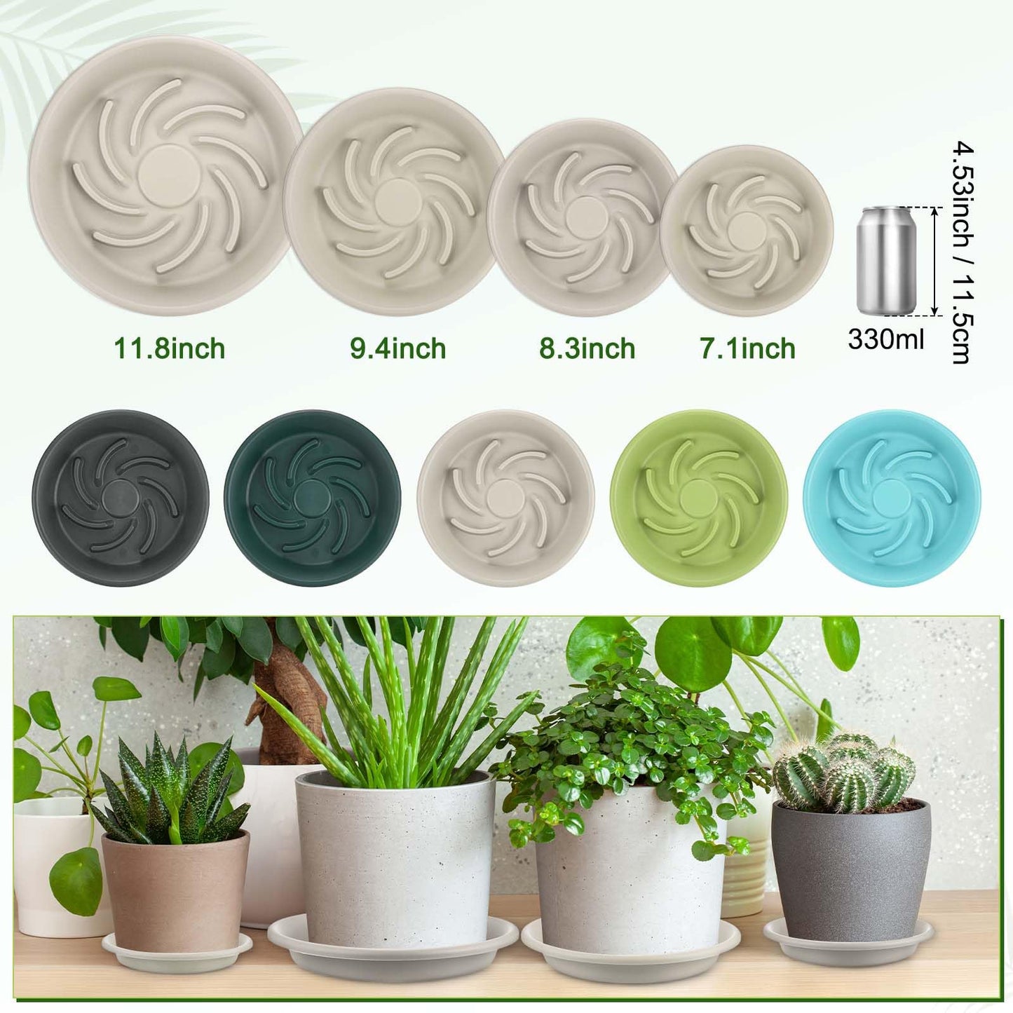M METERXITY 2-Pack Plant Saucers, 9.4 Inch ID Anti-Rot Root Resin Flower Pot Plant Saucers for Indoor/Outdoor, Flowerpot Drip Tray [11.8 Inch OD, Gray White]