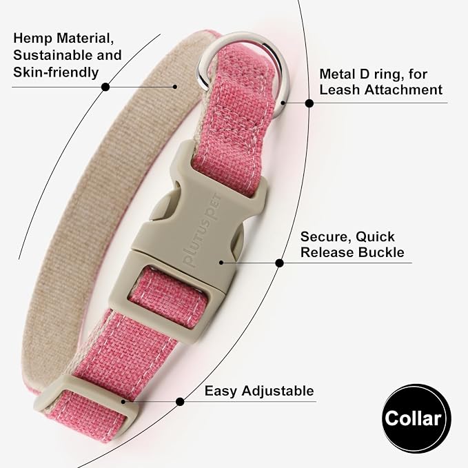 Plutus Pet Cotton Hemp Dog Collar and Leash Set, Adjustable Collar for Small, Medium, and Large Dogs, Heavy Duty and Soft on Skin, Hot Pink, L