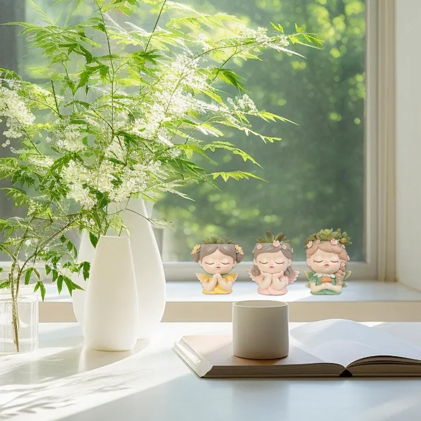 Face Planter Fairy Girl Face Pots for Plants Resin Waterproof Pot with Drainage Hole Small Cute Girl Face Succulent Pots for Indoor Outdoor Plants Tiny Cactus Holding
