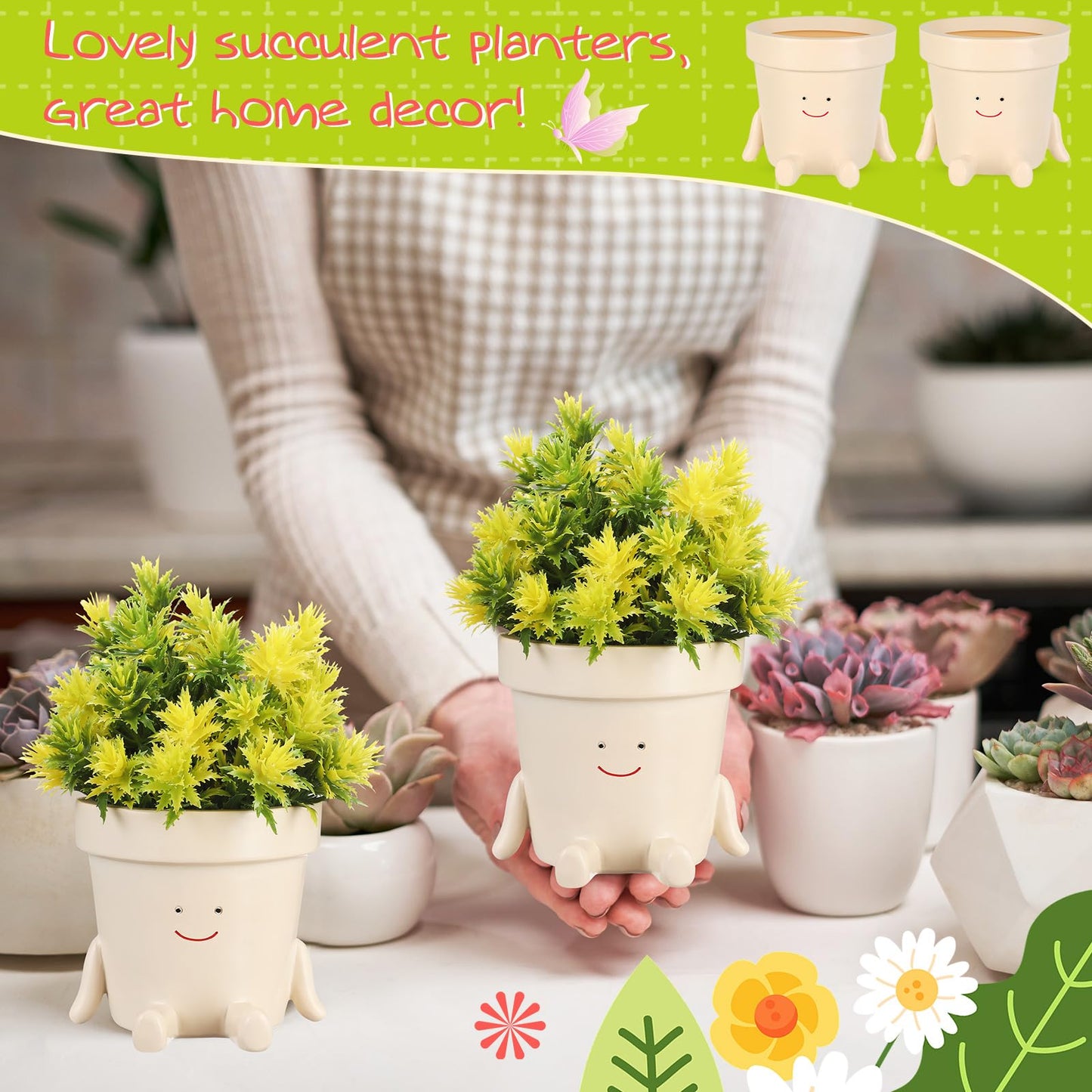 Nuogo 2 Pieces Cute Plant Pots Face Resin Succulent Flower Pot Indoor Head Planters Fun Novelty Planters with Drainage Legs Out for Christmas Plant Lover Gardening Gift Outdoor(Classic)