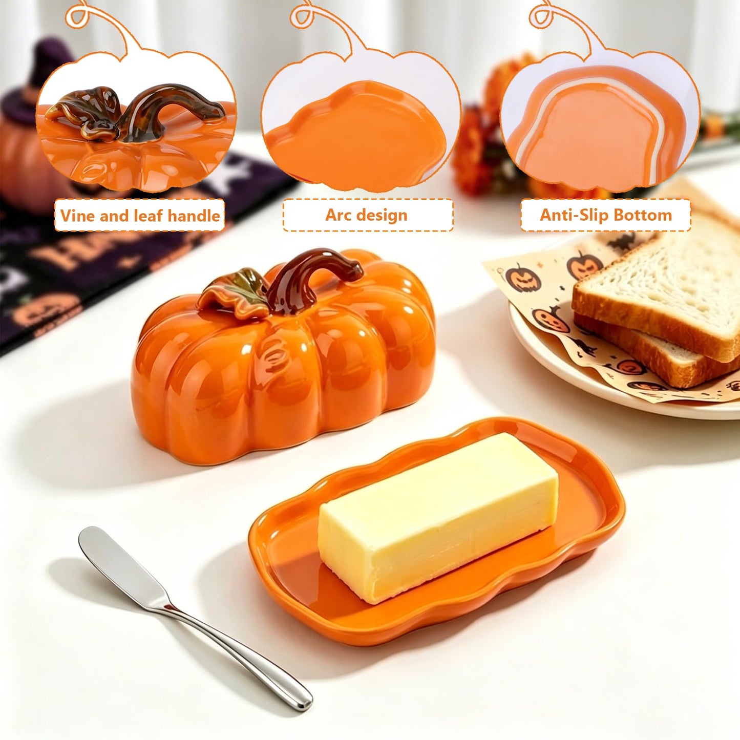 FTNESGYM Butter Dish with Lid for Countertop, Ceramic Cute Pumpkin Butter Container, Serving Tray with Cover, Decor Dinnerware for Halloween Thanksgiving Pumpkin Party (Orange)