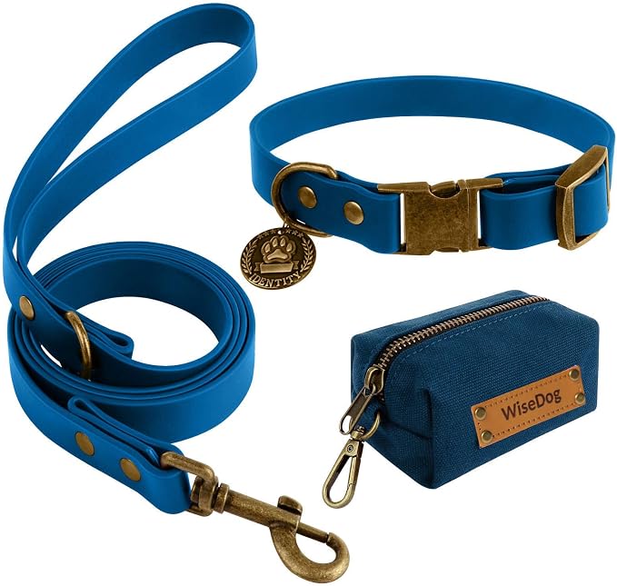 Wisedog Waterproof Dog Collar and Leash Set, XL, Blue | Adjustable Puppy Collar, Cute Tag, 6FT Dog Leash, Poop Bag Included, Small Medium Large Dogs