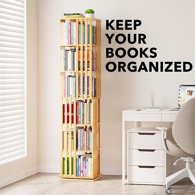 SpaceAid 6 Tier Rotating Bookshelf Tower, Bamboo Spinning Book Shelf, Revolving