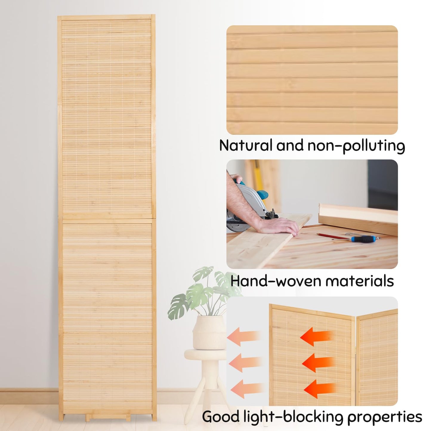 Bamboo Room Divider Folding Privacy Screens, Wall Divider for Room Separation, Portable Room Partitions and Dividers, 5.6FT Bamboo Room Divider Panel (Beige, 4 Panel-67”)