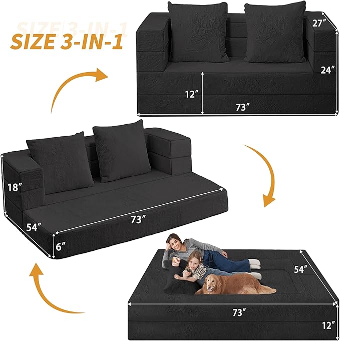 Futon Sofa Bed with Pillow, 3-in-1 Sleeper Sofa Bed with Removable Cover