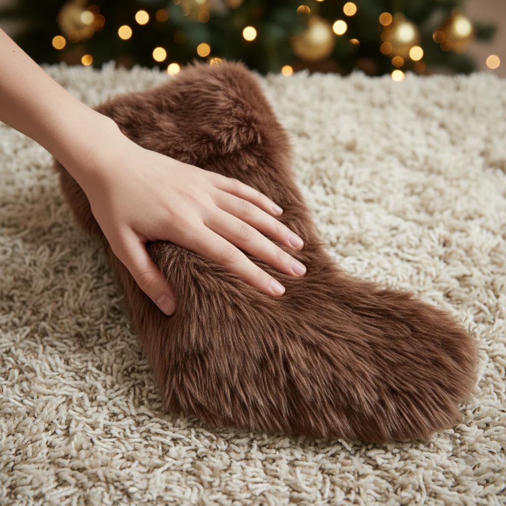 AISENO 3 Pack 18 Inch Brown Christmas Stockings Faux Fur Personalized Hanging Ornaments Candy Gift Bags for Christmas Decorations