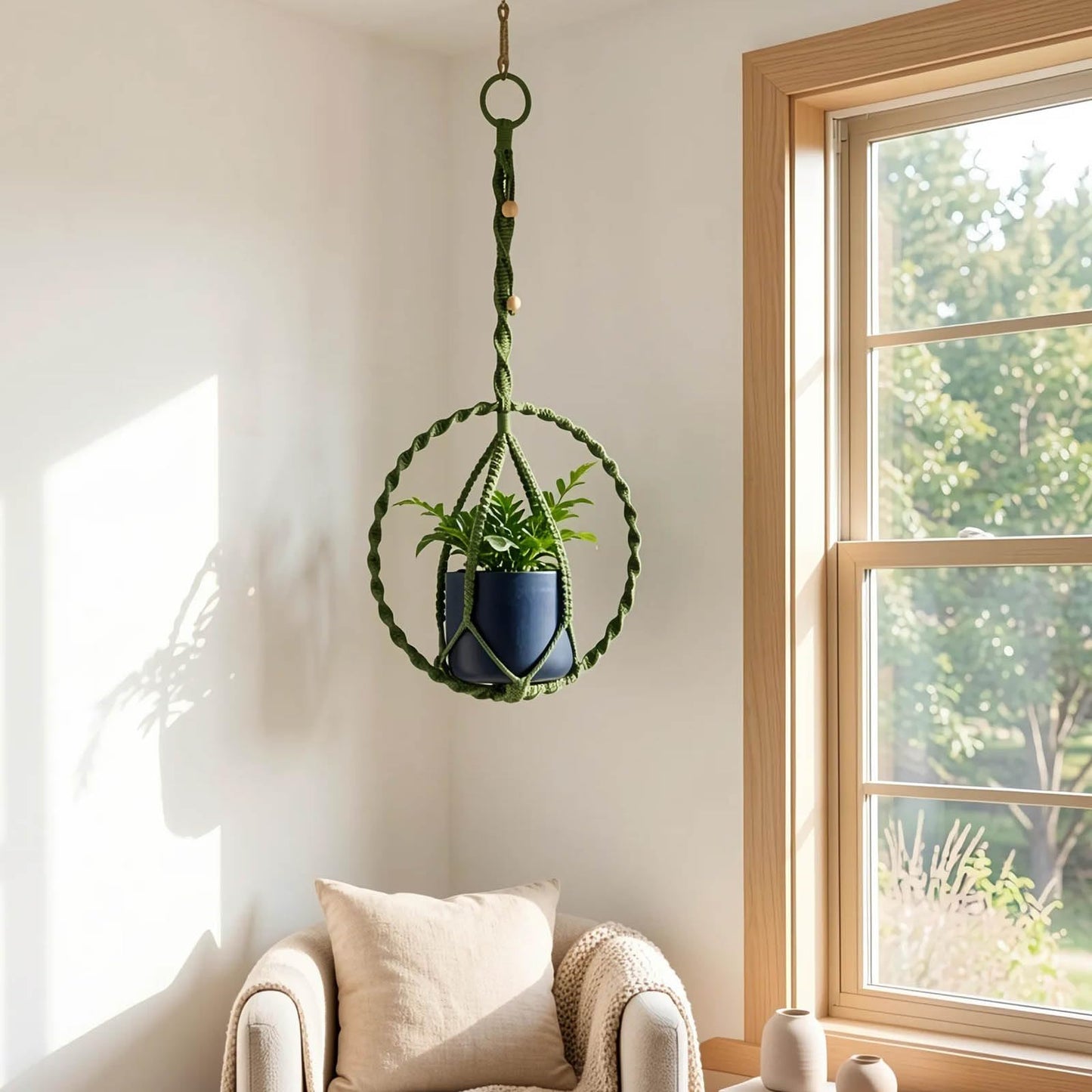 Macravine 2-Pack Handcraft Plant Hanger with Circular Ring, Hobo Art Planter Holder for Window, Macrame Plant Hanging Round, 2 Size 11.8"*23.6, 11.8 * 31.5", Green Color （No Pot and Plant Included