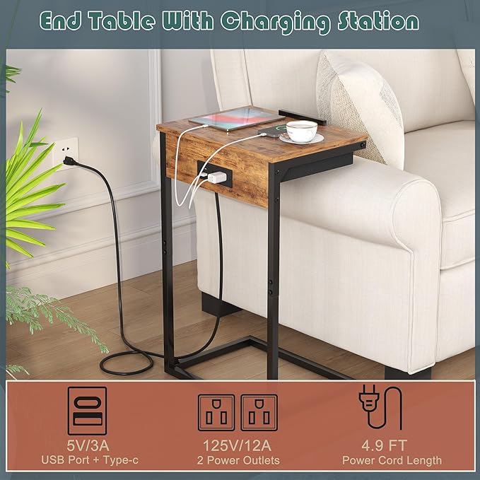 sthmec C Shaped End Table with Charging Station, 45° Tiltable Adjustable Flip