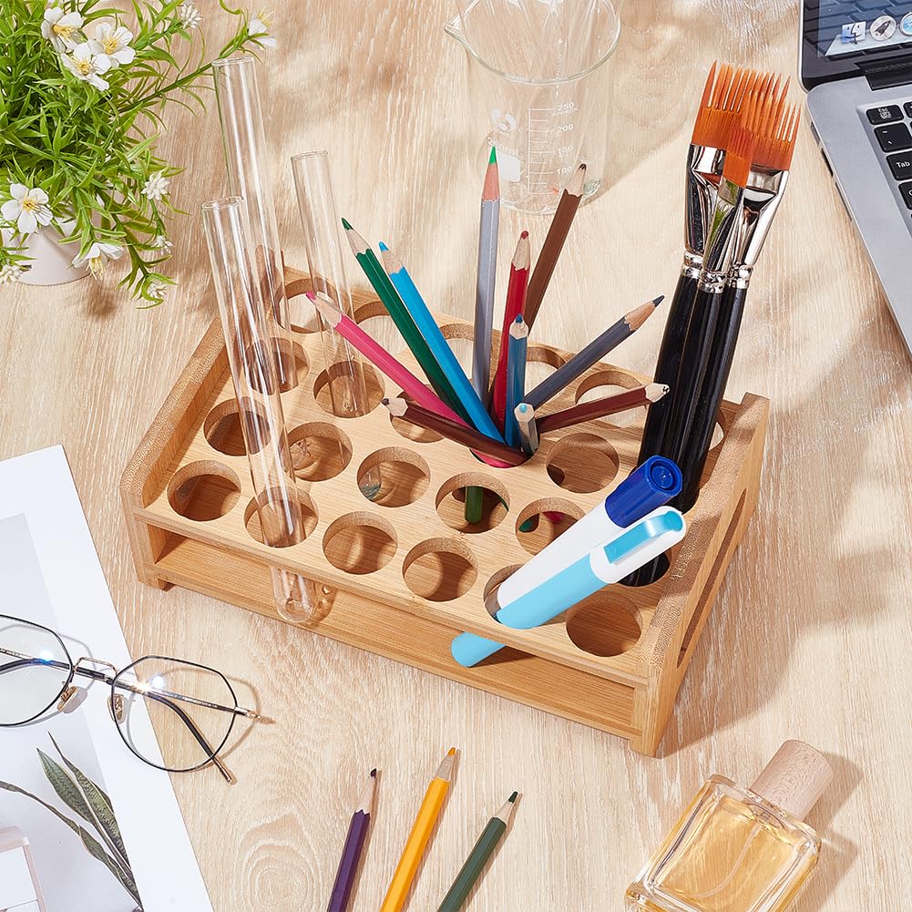 UNICRAFTALE Wooden Test Tube Rack 24-Holes Bamboo Multi-Use Cylinder Tube Display Racks Rectangle Razors Pencils Art Brushes Holder for Laboratory Home Crafting Potted Plant 9.06"x5.63"x3.15"