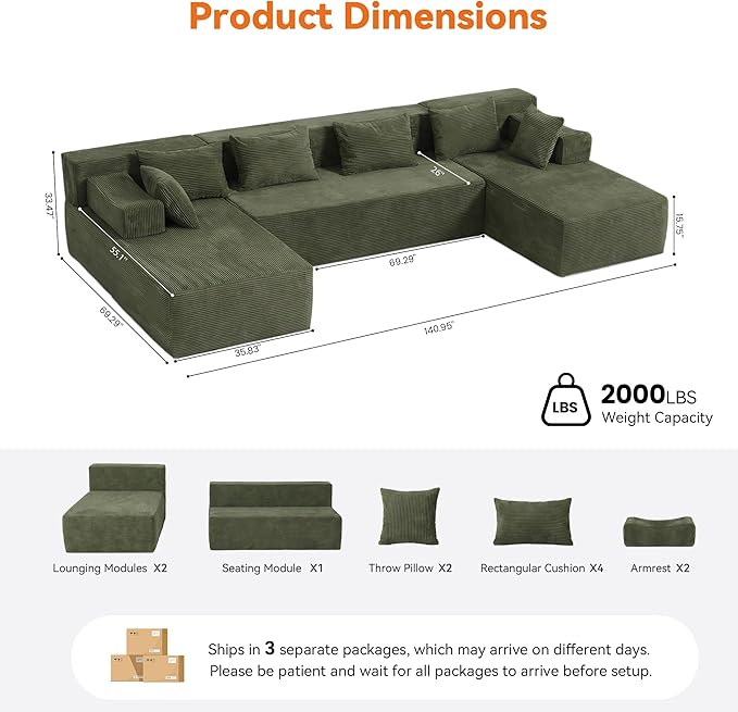 MONVANE 141" U Shaped Cloud Sectional Couch