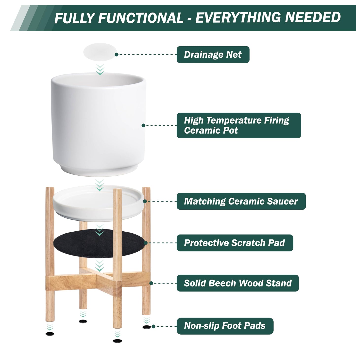 D'vine Dev Ceramic Planter with Natural Stand - 12 Inch Modern Round Flower Pot with Wood Planter Holder, White, 55-B-J-1