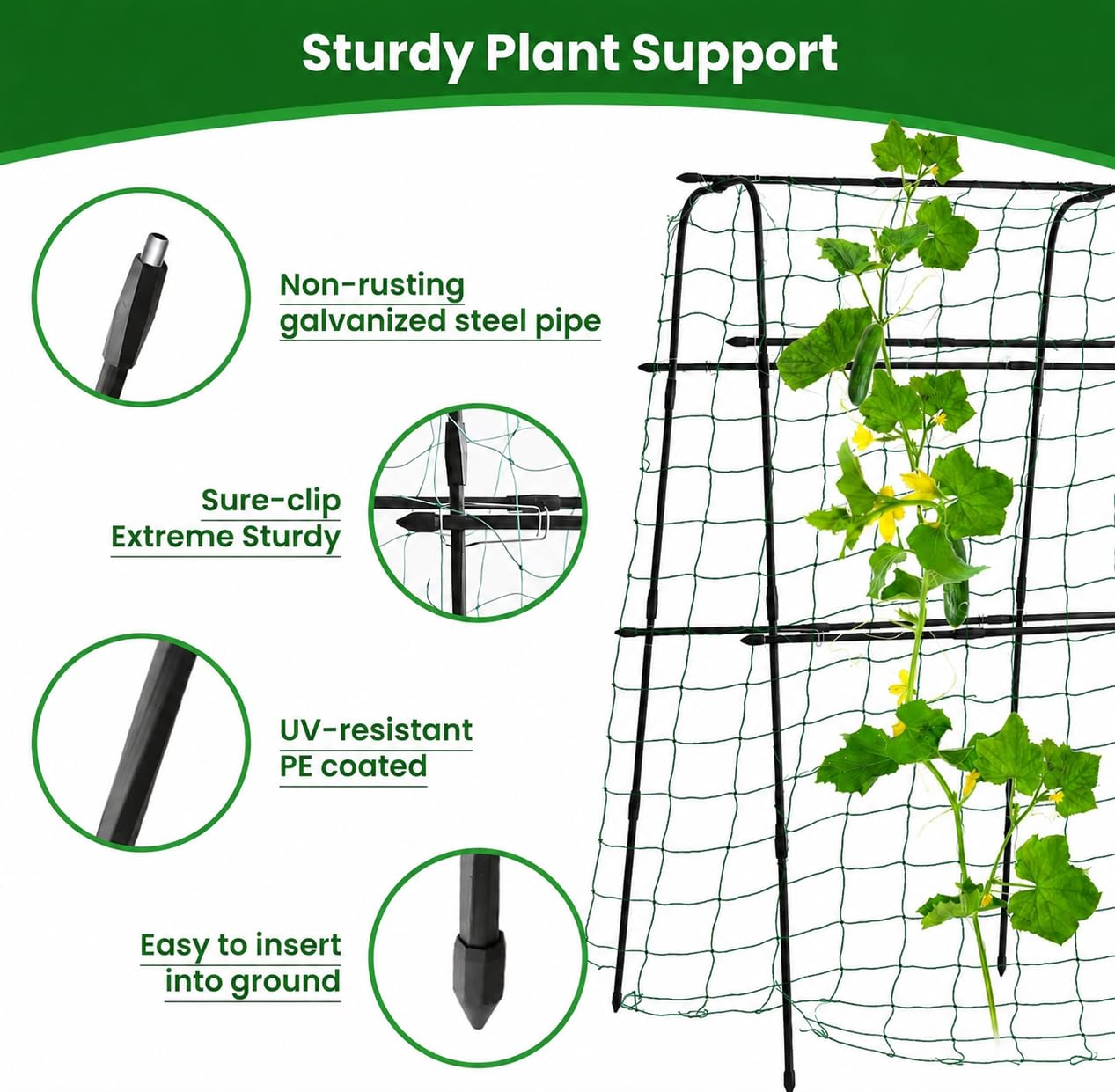Garden Trellis for Climbing Plants Outdoor, 5.3x5.3ft Garden Trellis Climbing Plant Support Plastic-Coated Metal U-Shaped Vine Vegetables Tomato Cucumber Trellis Raised Bed, with Netting, Black