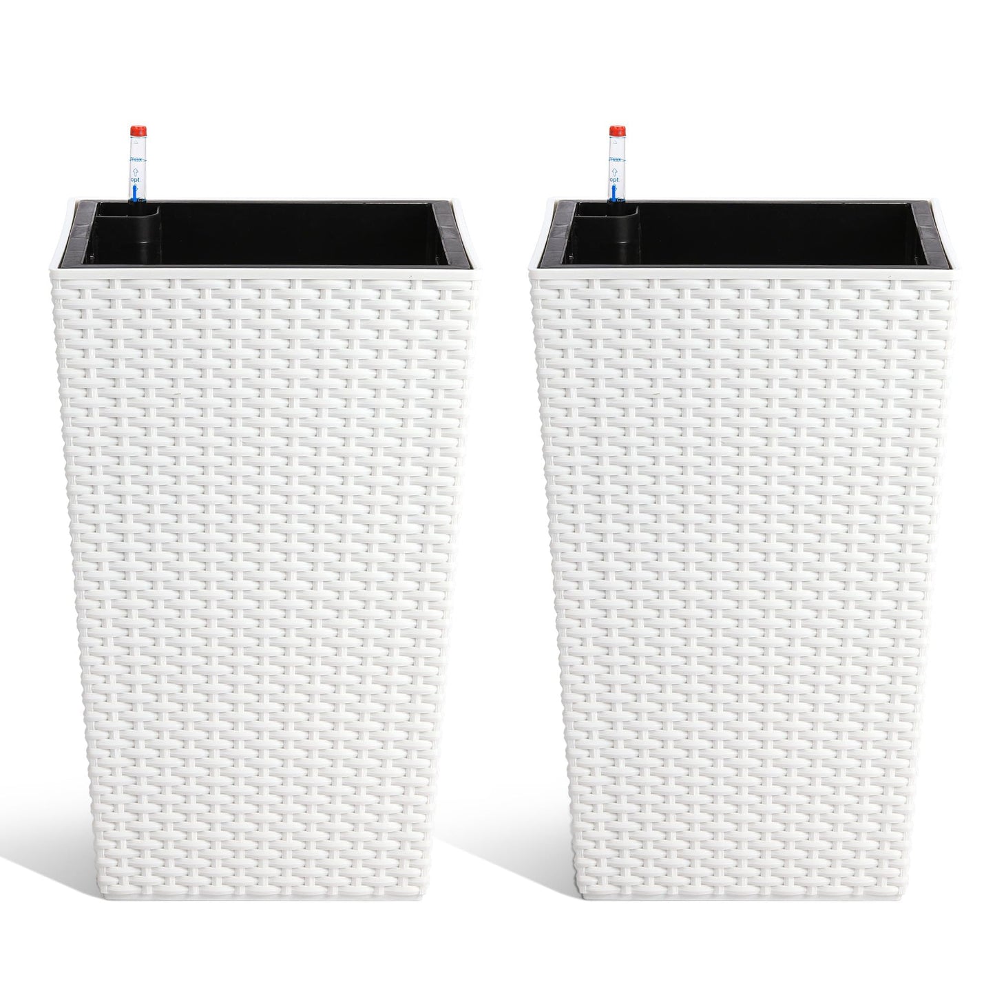 MilleLoom Set of 2 Tall 16-Inch Self-Watering Rattan Planters for Indoor & Outdoor – Large White Flower Pots with Drainage, Water Level Indicator & Trays, Modern Patio and Home Décor