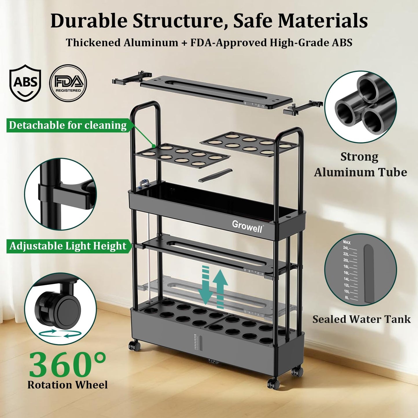 Large Hydroponics Growing System Kit, 32 Pods Vertical Hydroponic Garden, with 32 Large Buckets, 32L Indoor Garden System for Herb Vegetable Fruits, with 2 Light Modes, Auto Circulating Water System