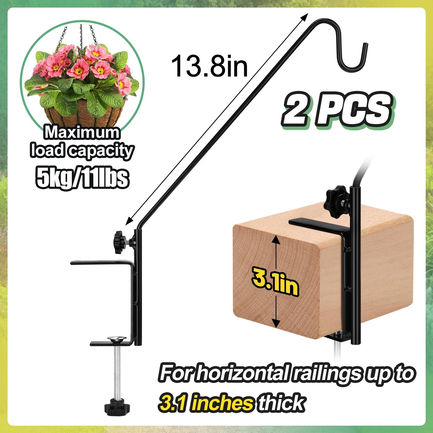 Biubee Deck Bird Feeder Hanger for Failing- 2Pack Heavy Duty Steel Stable Deck Railing Plant Hanger Outdoor, with Adjustable 3.1" Clamp, Deck Hook for Bird Feeder Plant Hangers Lanterns, 13.8 Inches