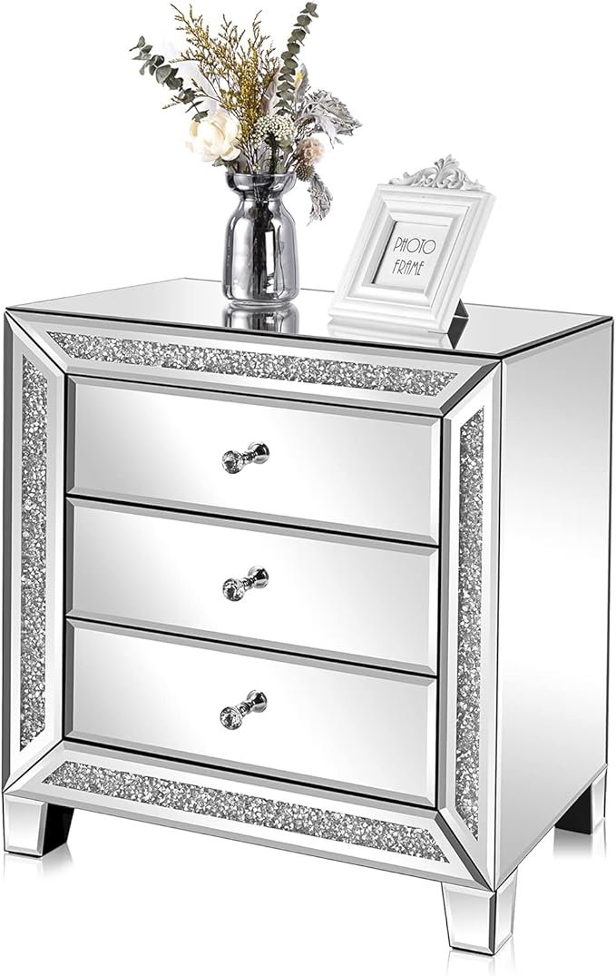 VINGLI Mirrored Nightstand Glass End Table, Mirrored Bedside Table