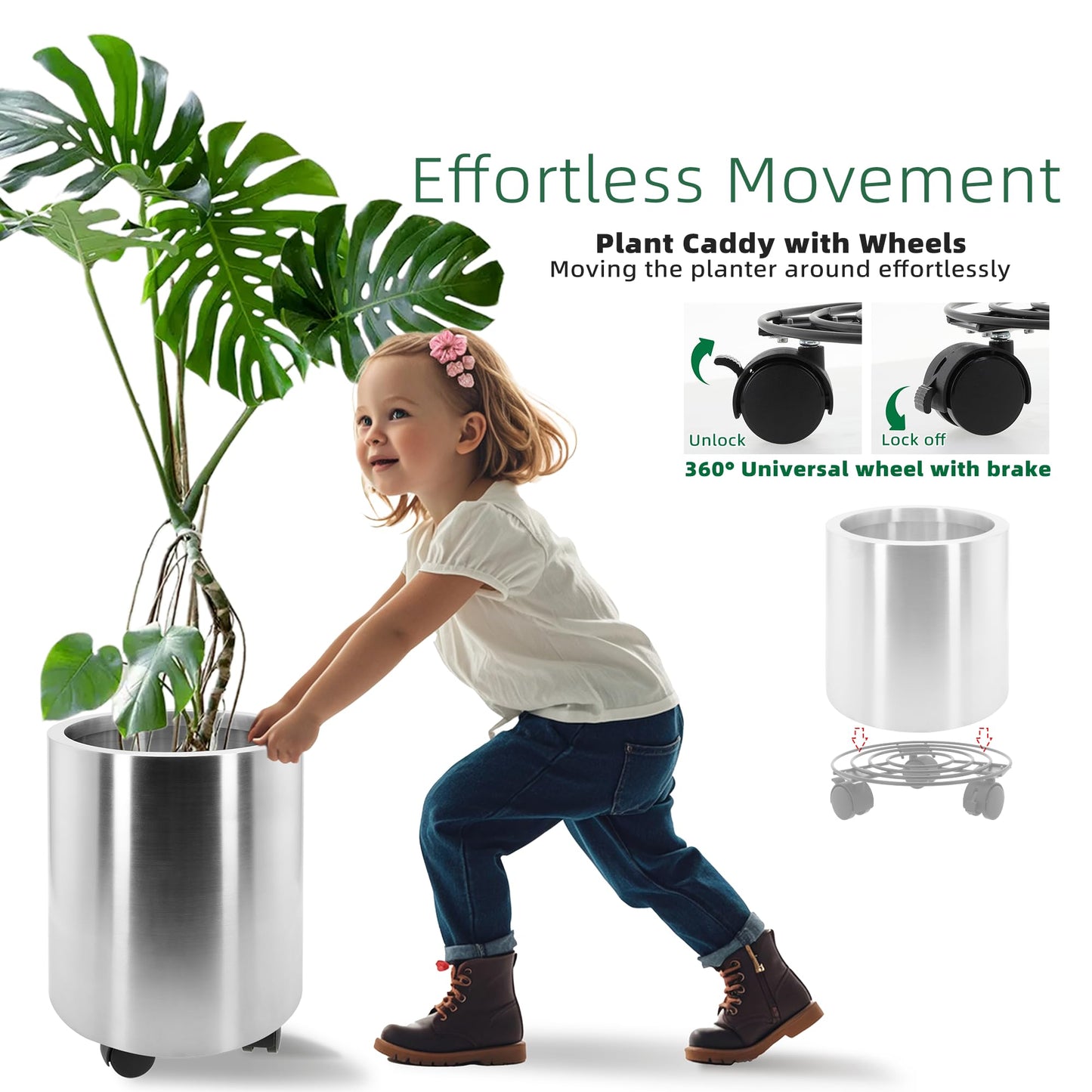 Modern Indoor Outdoor Large Stainless Steel Plant Pot and Plant Caddy with Wheels for Home Patio Garden,11.81 Inch Dia Round Planter, Easy to Clean and Move